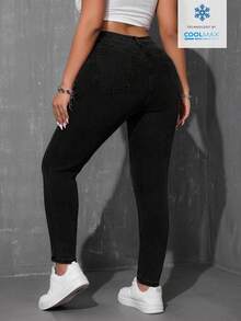 SHEIN ICON Plus Size Women Pocketed Button Casual Everyday Wear Denim Jeans - Black - View 2
