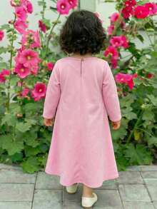 SHEIN Baby Girl Butterfly Embroidery V-Neck Long Sleeve Loose Dress - Pink - View 3
