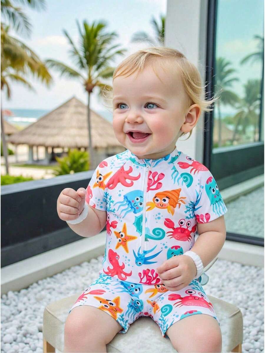 SHEIN 幼儿男童卡通海龟印花连体短袖泳衣，夏季海滩度假，游泳池，婴儿男童泳装