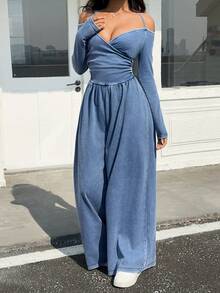 Rivivi Women's Casual Off Shoulder Cinched Waist Wide Leg Denim Jumpsuit, Autumn - Blue - View 4