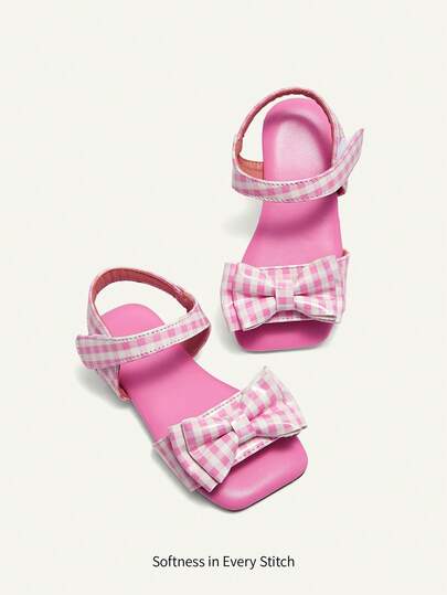 Cozy Pixies A Pair Of Girls' Pink And White Plaid Bow Summer Open-Toed Sandals, Suitable For Daily Wear, Summer Go Out To Play, With Skirts Fashionable Versatile Princess Style Square Toe Sandals