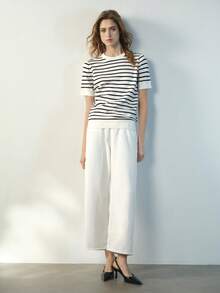 Maija Women's Striped Knit Top, Round Neck, Short Sleeve, Casual Urban - Black and White - View 5