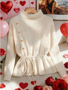 Chiquease Nuovi arrivi donna, elegante e casual per vacanza, pendolarismo, ufficio, uscita con amiche, stile Y2K per uso quotidiano, primavera, San Valentino, maglia a maniche lunghe con collo a revers, cintura in vita e bottoni, colore unito, adatta per carnevale, festa, pendolarismo, casual, concerto, raduno, compleanno - Albicocca - Visualizzare 1