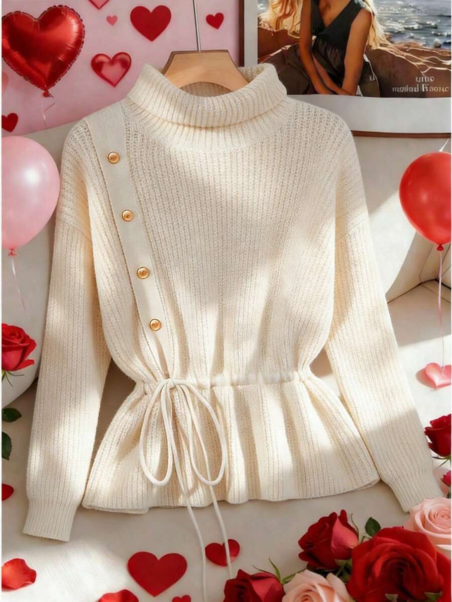 Chiquease Nuovi arrivi donna, elegante e casual per vacanza, pendolarismo, ufficio, uscita con amiche, stile Y2K per uso quotidiano, primavera, San Valentino, maglia a maniche lunghe con collo a revers, cintura in vita e bottoni, colore unito, adatta per carnevale, festa, pendolarismo, casual, concerto, raduno, compleanno - Albicocca - Visualizzare 1