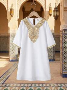 Young Girl's Loose Casual Maxi Dress With Gold Collar Flower, Bell Sleeves And Gold Trim - Multicolor - View 1