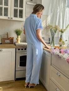 Snug Reverie Women's Casual Striped Shirt Collar, Sleeve, Pant Hem Ruffle Trim Pajama Set - Blue and White - View 2