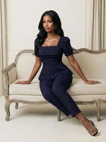 Anewsta Women's Elegant Navy Blue Glitter Striped Pencil Pants - Blue - View 5