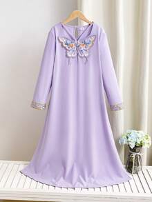 Tween Girl's Spring Vacation Style V-Neck Butterfly Embroidered Loose Dress - Mauve Purple - View 6