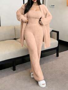 DAZY 3pcs/Set Faux Fur Robe, Camisole & Pants Women Pajama Set, Winter - Pink - View 4