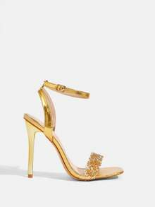 CUCCOO TILAWA Women's Fashionable Sexy Metallic Stiletto Heel Strap Rhinestone Silver High Heel Sandals, Suitable For Banquets, Parties And Other Occasions - Gold - View 2