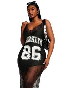 SHEIN SXY Sexy Patchwork Letter Pattern Plus Size Cami Dress Long Sleeveless Spaghetti Strap Knitted Fabric Dress - Multicolor - View 4