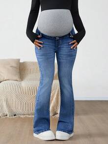SHEIN Maternity Navy Blue Winter Casual Flare Jeans,Everyday High Waist Color Block Pregnancy Pants With Ribbed Over Belly Panel For Expectant Mothers - Medium Wash - View 6