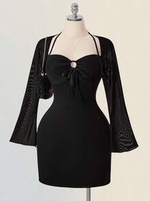 SHEIN ICON Gaun Pesta Malam Musim Gugur Hitam Ukuran Plus Wanita, Model Retro Slim Fit dengan Lengan Mengembang dari Jala, Leher Halter, Bagian Dada Berlubang dengan Tali Serut, Cocok untuk Hari Valentine. - Hitam - View 8