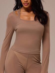 MUSERA ESSENTIALS Scoop Neck Loose Fit Sheer Mesh Longsleeve Top Winter Spring Night Out Sexy Cute Mesh Fitted Essential - Camel - View 2