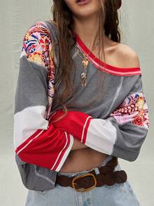 SoleilVie 女士条纹拼接花卉印花七分袖卫衣长袖上衣嬉皮风上衣70年代风格上衣牛仔上衣春夏夏季夏季假期女士情人节狂欢节服装女士狂欢节服装沙滩装女士休闲女士图案T恤女士红色上衣女士休闲音乐节，采用复古拼接元素，是休闲购物的完美之选 - 彩色 - 查看 3