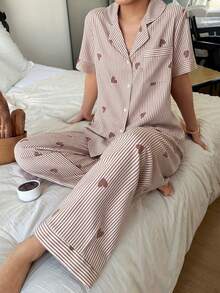 Dream Adore Set Piyama Wanita Lengan Pendek dan Celana dengan Motif Hati Bergaris - Coklat - View 4