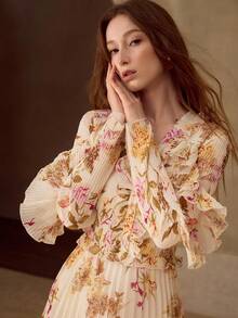 MOTF PREMIUM WOMEN'S ELEGANT PLEATED RUFFLE TRIM MIDI DRESS, SPRING/SUMMER - Apricot - View 5