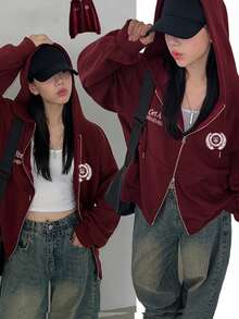 DAZY 刺绣美式拉链连帽夹克秋季女装运动衫夹克 - 酒紅色 - 查看 10