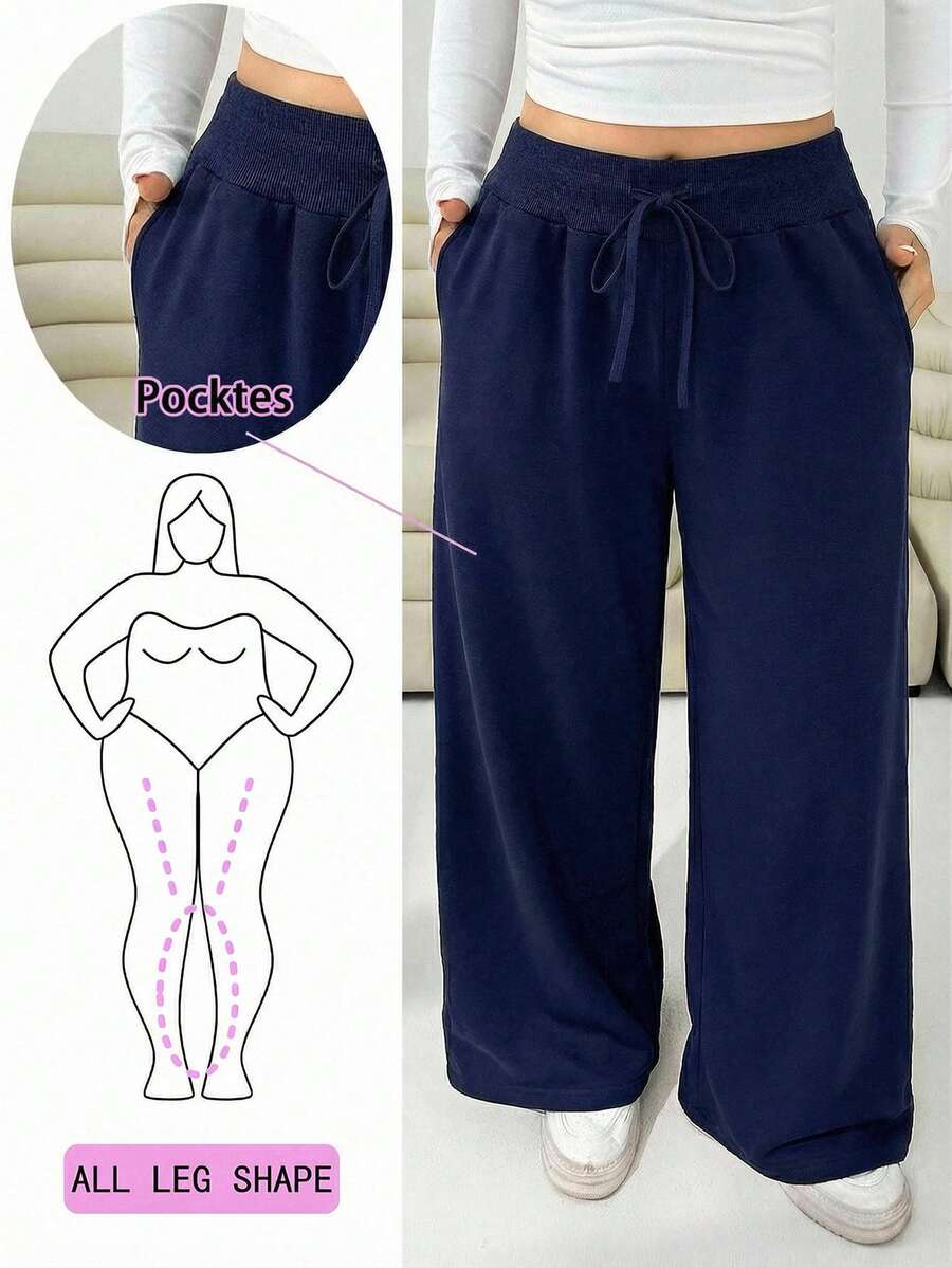 Solflare Plus Size Women Blue Solid Color Loose Drawstring Pants, Autumn/Winter - Blue - View 1