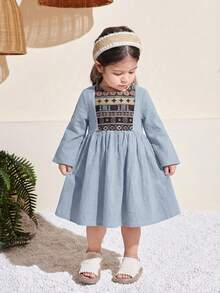 女婴可爱碎花流苏长袖连衣裙，春夏款 - 藍色 - 查看 5