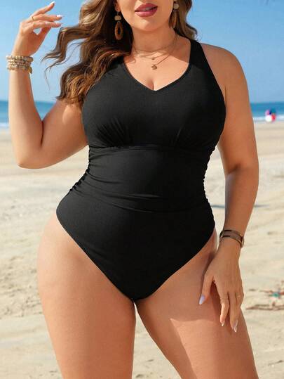 Swim Lushoire Plus Size Women's Black Thick Strap Criss-Cross Back V-Neck One Piece Swimsuit