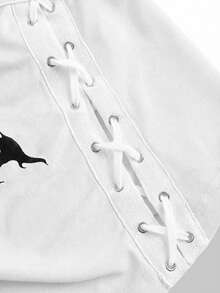 Y2Kool Aan Widyanto 艺术家暗黑夏季休闲露脐修身吊带背心，交叉肩带字母印花，适合夏季、假日、度假、海滩、外出、音乐节、伊比沙岛等场合，也可作为西式秋季搭配派对上衣，时尚系列，新年印花上衣 - 白色 - 查看 4