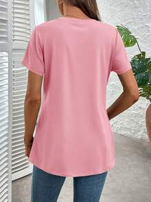SHEIN Clasi Áo thun nữ dáng rộng, đơn giản, cổ chữ V, tay ngắn, màu trơn, thích hợp mặc hàng ngày đi làm, mùa hè. - Hồng - Xem 2