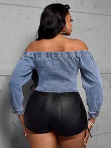 Jeanoix Plus Size Casual Everyday Washed Zip Off Shoulder Denim Top - Light Wash - View 2