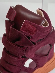 Solezae Fashionable Women's Maranto Balskee Burgundy Faux Suede High Top Hook And Loop Strap Quilted Padded Collar Hidden Wedge Sporty Chic Sneaker Shoe Valentine's Day - Burgundy - View 8
