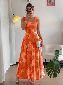 Elenzga Đầm không tay dáng chữ A, cổ vuông, eo thắt, họa tiết hoa ngẫu nhiên, viền bèo nhún, màu hồng và hồng cánh sen nhuộm tie-dye, thích hợp cho mùa xuân/hè. - trái cam - Xem 1