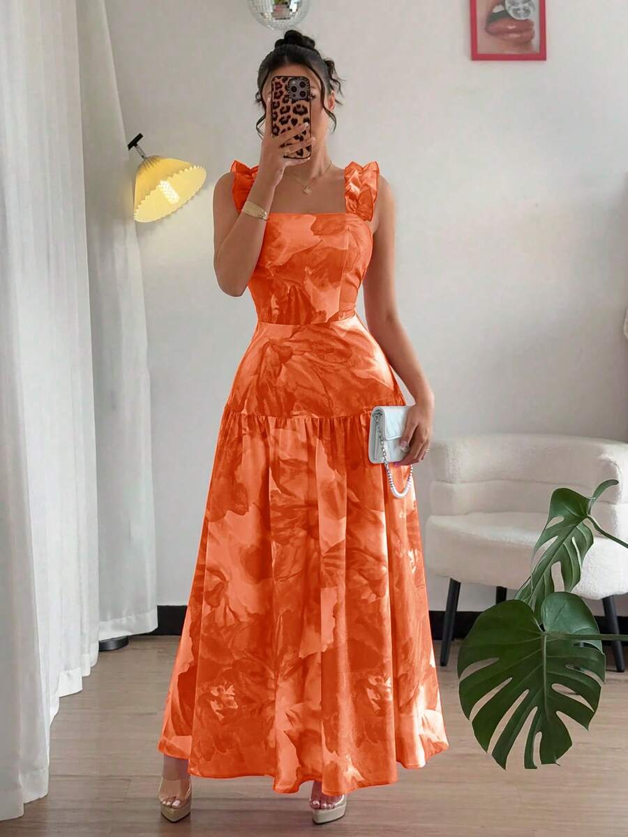 Elenzga Đầm không tay dáng chữ A, cổ vuông, eo thắt, họa tiết hoa ngẫu nhiên, viền bèo nhún, màu hồng và hồng cánh sen nhuộm tie-dye, thích hợp cho mùa xuân/hè. - trái cam - Xem 1