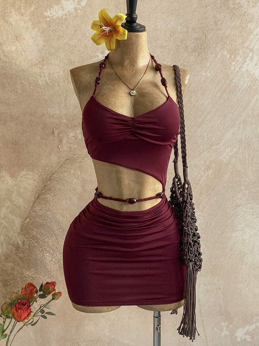 Soleia 春夏新款休闲度假西部海滩婚礼宾客礼服毕业早午餐连衣裙，圣帕特里克节春假复活节音乐节优雅波西米亚热带露背串珠镂空挂脖系腰派对迷你连衣裙（女款） - 玫紅色 - 查看 1