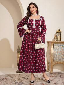 Al Najma Plus Size Women Floral Print Square Neck Flare Sleeve Elegant Arabic Style Dress - Burgundy - View 3