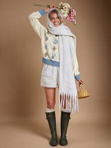 WESTFADE 拼接圆领花卉刺绣混针长袖套头针织毛衣，可爱秋季上衣，休闲波西米亚风女装，乡村西部音乐会风格，秋季，冬日 - 霧霾藍 - 查看 4