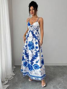 Elenzga Spaghetti Strap Deep V-Neck Twist Design Flared Dress, Blue, Vacation/Bohemian Style - Blue and White - View 5