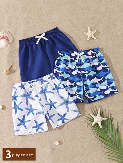 3 piezas Trajes de baño de verano para niño pequeño con estilo de vacaciones en la playa, de unicolor y estampado de tiburón y estrella de mar en todo el diseño