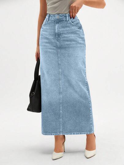 CLARA VERO Women's Pocketed Straight Loose Casual Versatile Denim Midi Skirt,Skirts,Skort