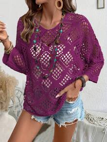 Breezaya 女士纯色V领长袖镂空宽松休闲毛衣沙滩上衣，波西米亚风夏季上衣，长袖夏季上衣，夏季毛衣，沙滩毛衣，女士夏季穿搭，波西米亚风穿搭，海滨风穿搭，春季穿搭，沙滩装 - 紫色 - 查看 2