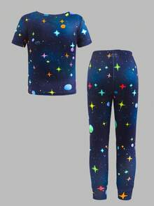 SHEIN 男童夜光宇宙行星图案休闲简约修身圆领短袖长裤睡衣套装，适合所有季节 - 彩色 - 查看 5