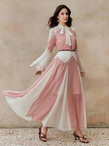 Anewsta 条纹喇叭袖系带腰身设计女士长裙 - 紅色 - 查看 4