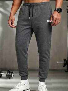 RueChic Men Letter Patched Drawstring Waist Joggers - Dark Grey - View 4