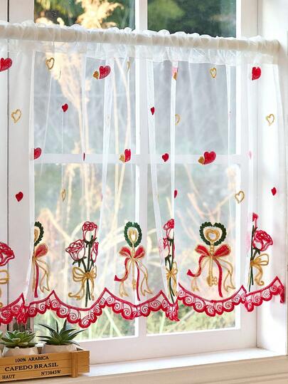 1pc Rose & Love Embroidery Voile Curtain Panel, Decorative For Various Room Sizes And Types