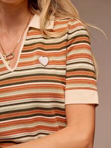 Muvela Vintage mehrfarbig gestreifter Polokragen Herz Dekor Damen Strickpullover, 2 Stücke Set, Retro College Stil Y2K Millennium Ästhetik, geeignet für Lässig, Büro, Sommerurlaub, Strand, Date, Party, Frühling, Valentinstag, Abschluss, Schulanfang, vielseitig, modisch - Verschiedenfarbig - Übersicht 4