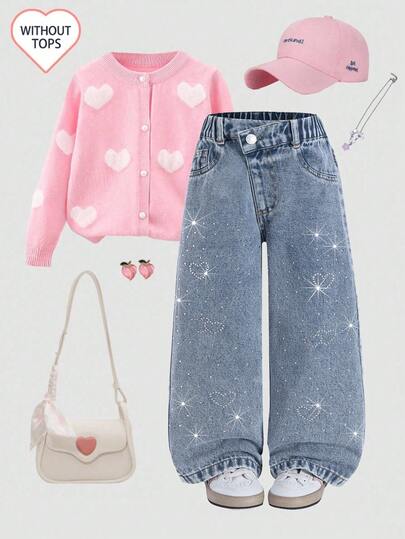 SHEIN Flickmode med strassdekorationer, Lämpliga för vår, sommar, höst och vinter, Mellanblå, Streetwear Casual Semesterstil, Y2K-design, Resår i midjan, Oregelbunden midja, Enkla fickor, Tryckknappsknäppning, Söt hjärtformad strassdekoration, Avslappnade raka ben, Mjuk bomullsdenim, Icke-töjbar, Lämplig för vardagsbruk, Pendling, Utflykter och sammankomster, Ny vår-/sommarkollektion