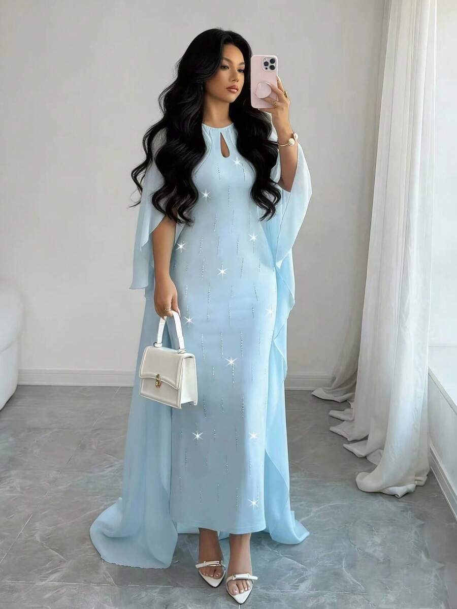 Elenzga Elegant Light Blue Capelet Dress, Dress For Women, Spring/Summer - Baby Blue - View 1