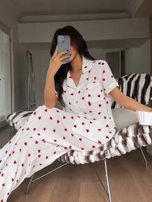 SHEIN Casual Underwear&Sleepwear 心形印花翻领短袖女士睡衣套装 - 白色 - 查看 1