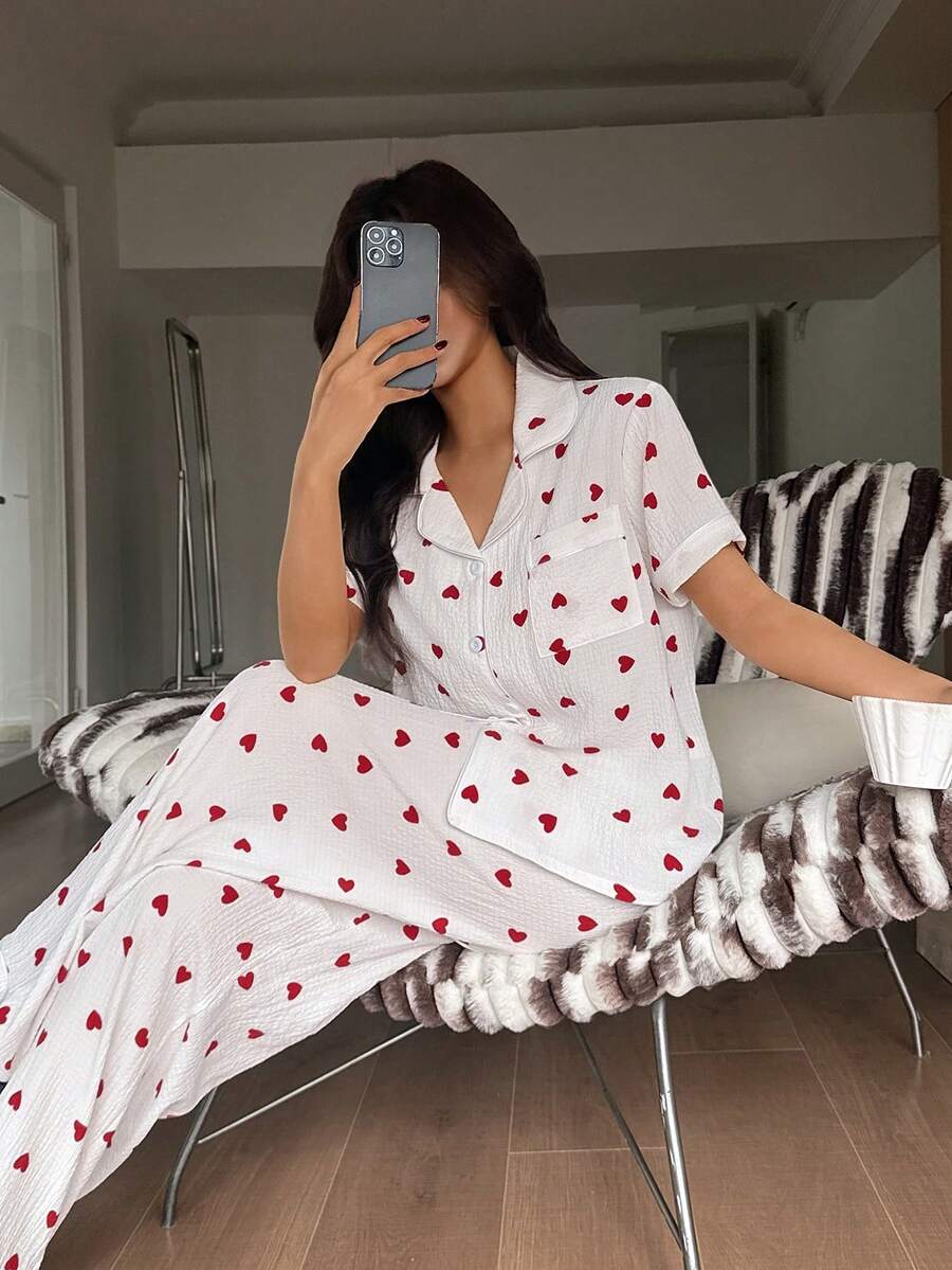 SHEIN Casual Underwear&Sleepwear 心形印花翻领短袖女士睡衣套装 - 白色 - 查看 1
