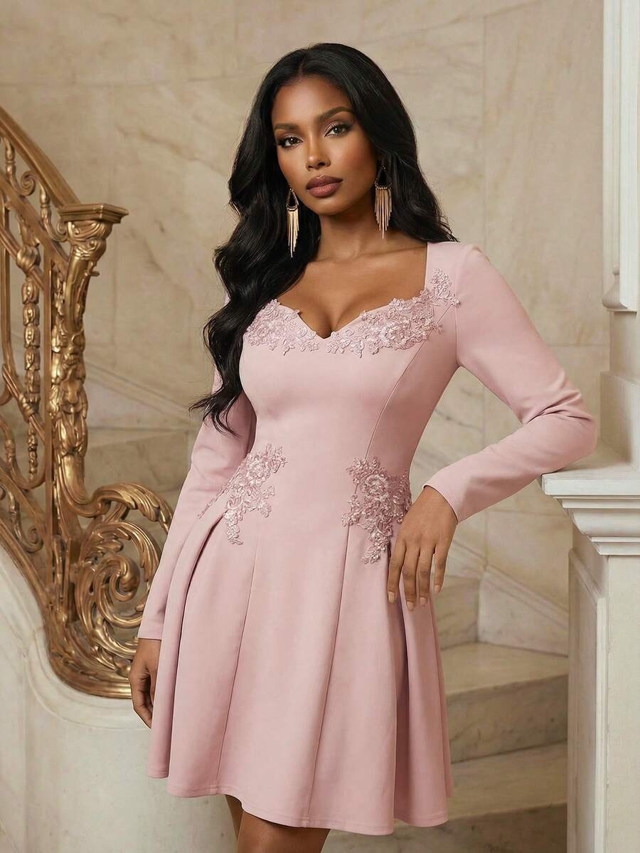 Anewsta Women's New Elegant Lace Applique Puff Sleeve Blue Dress - Pink - View 1