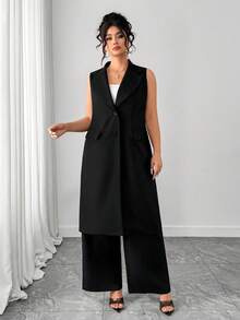 Elenzga Plus Size Women's Elegant Black Autumn Formal Lapel Sleeveless Long Suit Jacket+Suit Pants 2pcs Set,Commute Solid Color Versatile Styling Outfits - Black - View 4