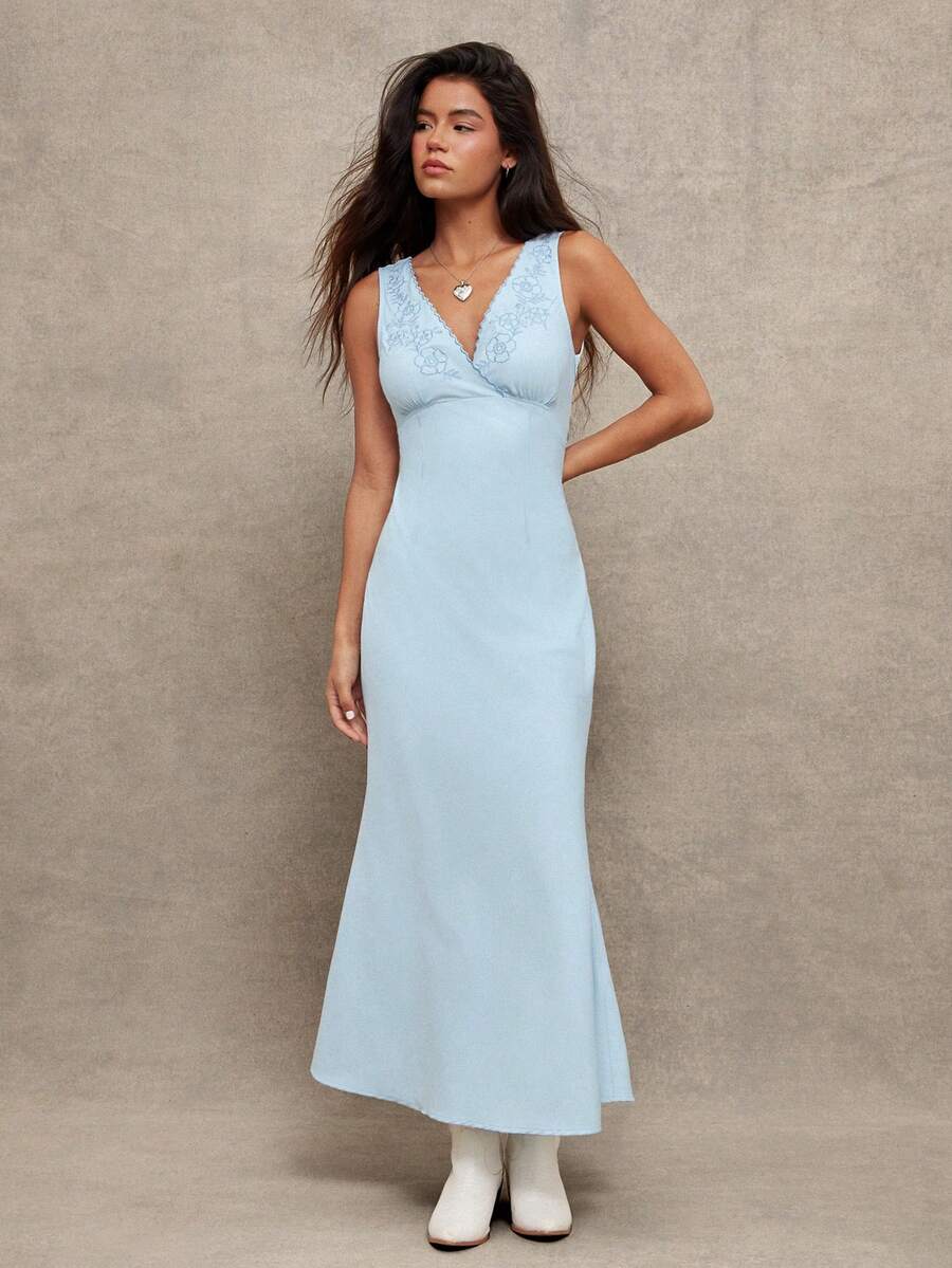 WESTFADE Đầm midi không tay cổ chữ V viền ren thêu hoa bằng chất liệu satin, buộc dây phía sau, thích hợp cho mùa đông, xuân, nghỉ dưỡng, hè, thường ngày, dễ thương, phong cách boho, cao bồi, miền Tây dành cho nữ, Nashville, đi nghỉ mát, đi biển, lễ hội. - Màu xanh lam - Xem 1